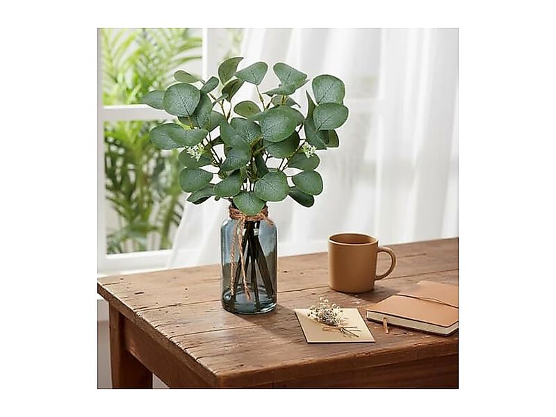 Artificial Eucalyptus Stems In Black Glass Vase Faux Water 14 Plants Leaves image number 3