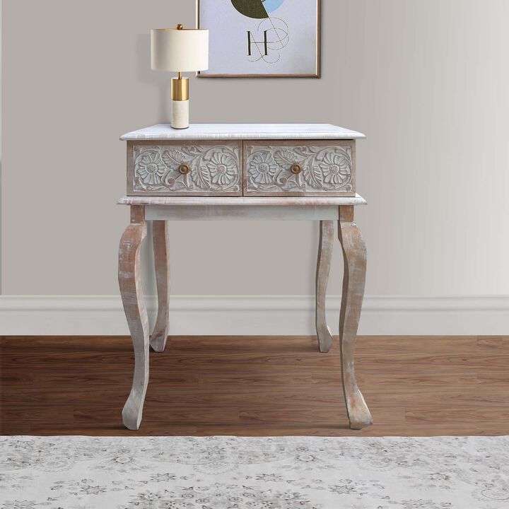2 Drawer Mango Wood Console Table with Floral Carved Front, Brown and White-Benzara