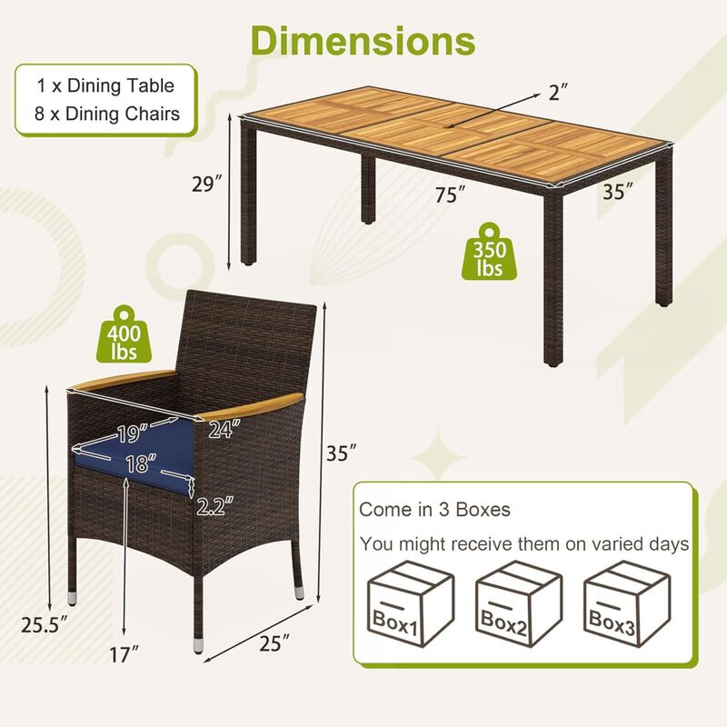 Mondawe 9-Piece Outdoor Dining Set, 1 Acacia Table & 8 PE Rattan Chairs With Padded Cushions