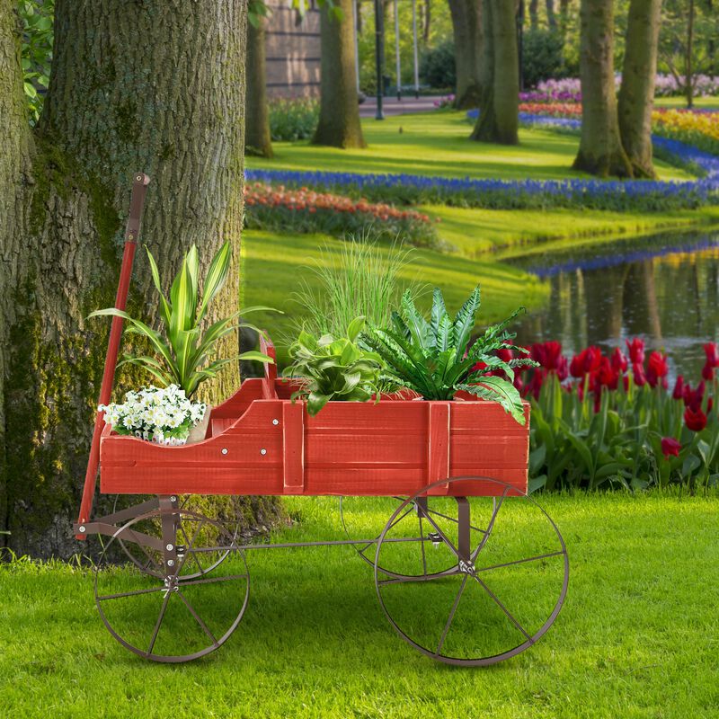 Wooden Wagon Plant Bed With Wheel for Garden Yard