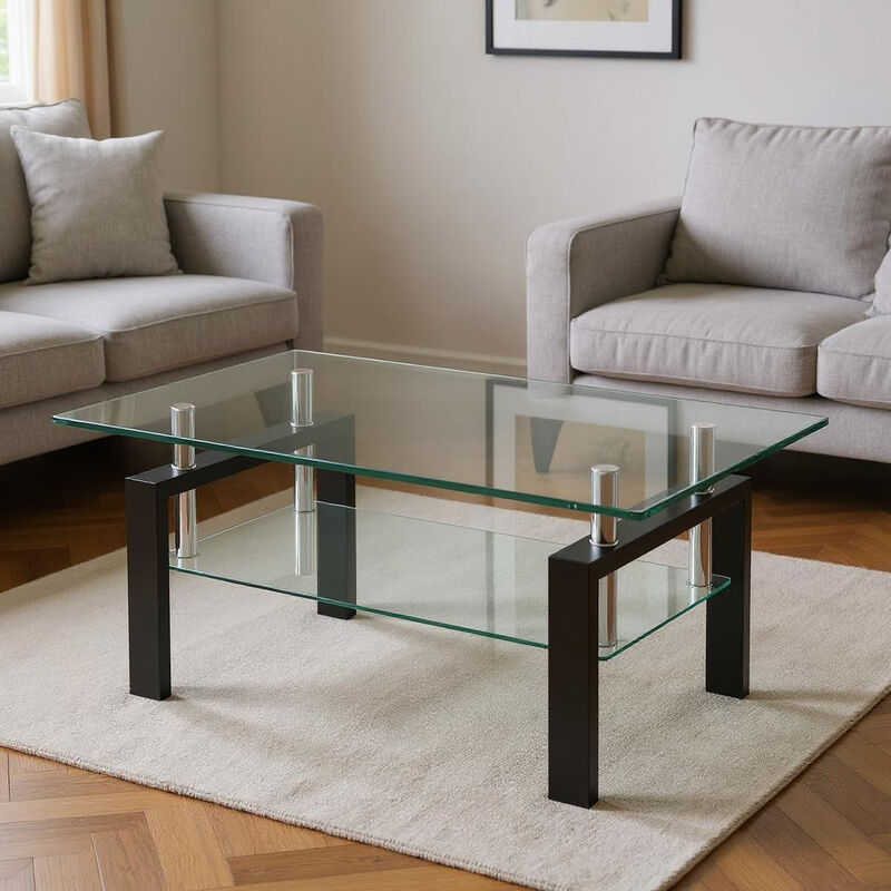 HomeRoots 39" Clear and Black Glass and Steel Coffee Table With Shelf