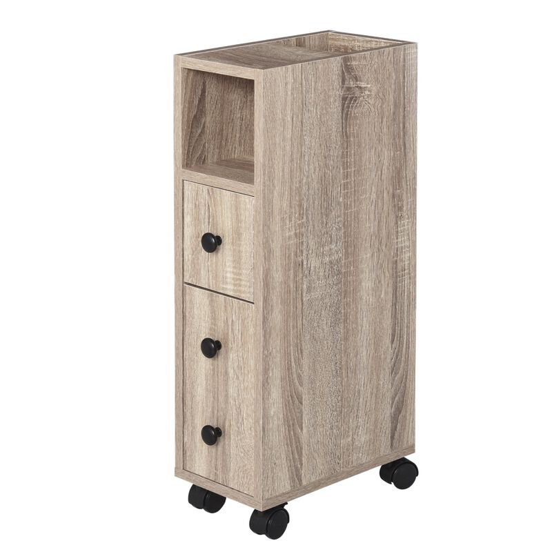 Oak Bathroom Storage: Compact Cabinet with Wheels and Multiple Compartments