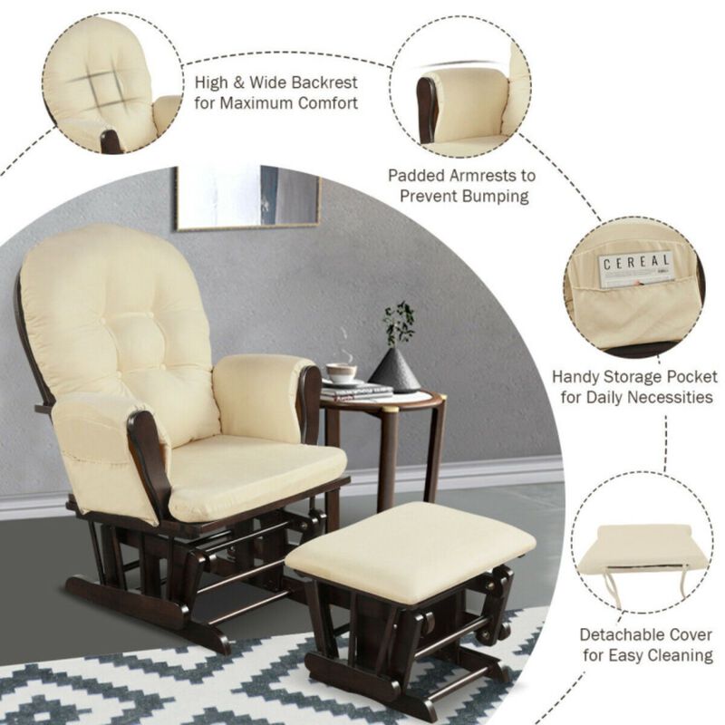Wood Glider and Ottoman Set with Padded Armrests and Detachable Cushion image number 3