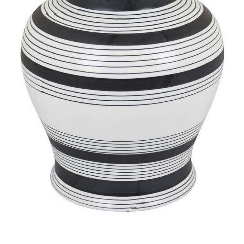 Decorative Jar w Lid, Minimalist Contrast, White Blue Lines, 16 Inch - Benzara