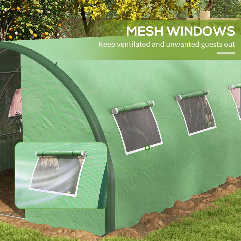 Outsunny 24.6' x 10' x 6.6' Walk-in Tunnel Greenhouse with Reinforced Structure, Outdoor Green House with 2 Hinged Doors, 10 Mesh Windows, Gardening Tent Plant House, Green