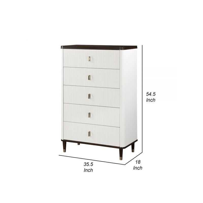 Benjara Aren 36 Inch Tall Dresser Chest, Jewelry Tray, 5 Drawers, Solid Wood, White and Brown