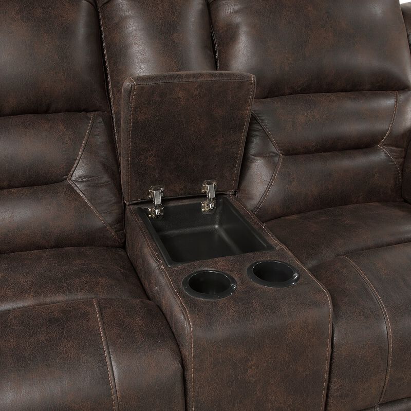 Henry Manual Double Reclining Loveseat, Console, Dark Brown Microfiber - Benzara