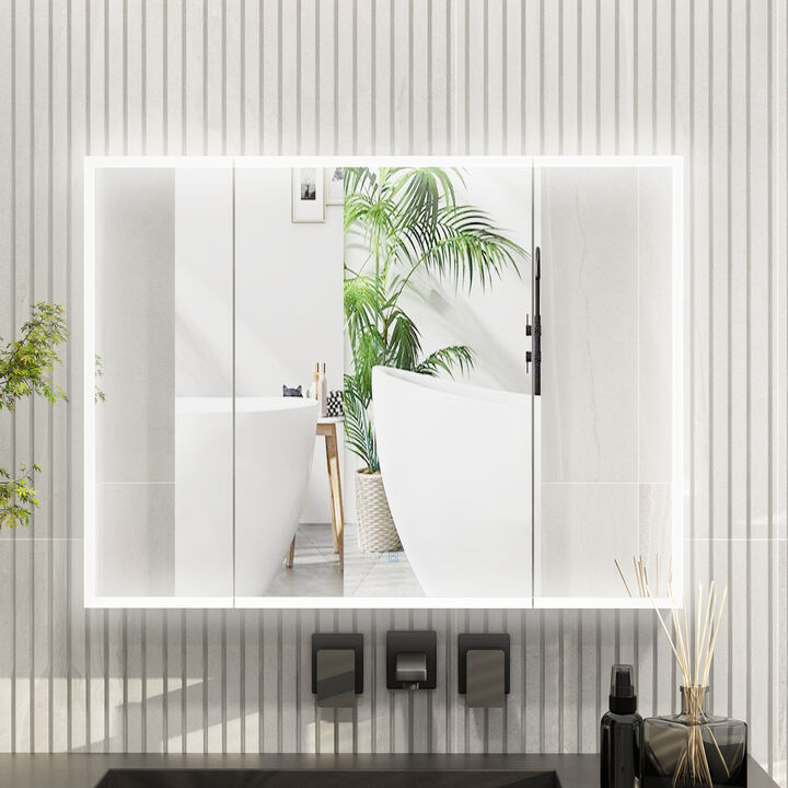 FUFU&GAGA Adjustable 3-Color LED Lighted Mirror Cabinet with Defogger Function and Built-in Storage Shelves, Independent Anti-Fog Switch, (45.9 in. W x 5.1 in. D x 34.6 in. H), White