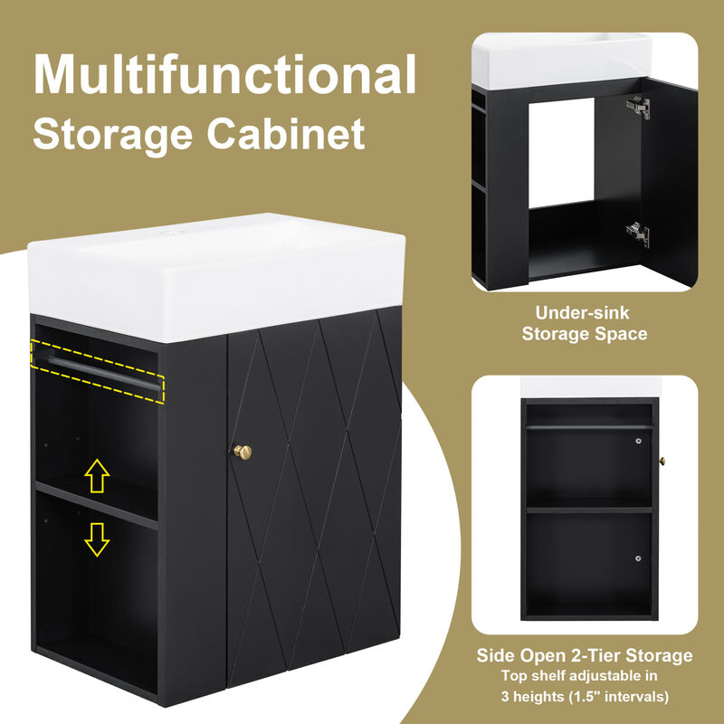 ELEMENT ACE Compact 20-Inch Bathroom Vanity with Diamond Pattern Door Design and Side Storage Shelves for Small Space Organization image number 5