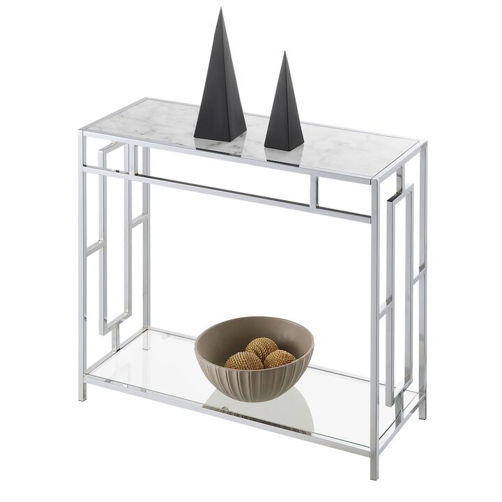 Convenience Concepts Town Square Chrome Faux Marble Glass Entryway Hall Table with Shelf