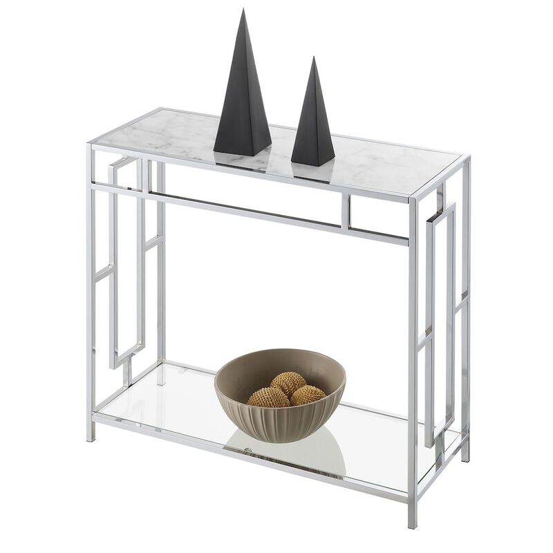 Convenience Concepts Town Square Chrome Faux Marble Glass Entryway Hall Table with Shelf