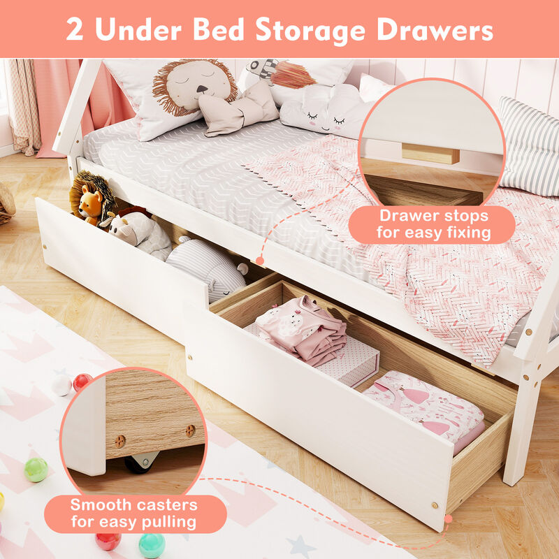 Wooden Tent House Bed with 2 Drawers &ndash; Fun and Stylish Kids&rsquo; Bedroom Furniture
