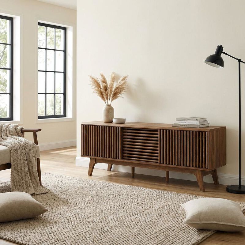 Brown wood TV stand with sleek design and versatile storage solution image number 4