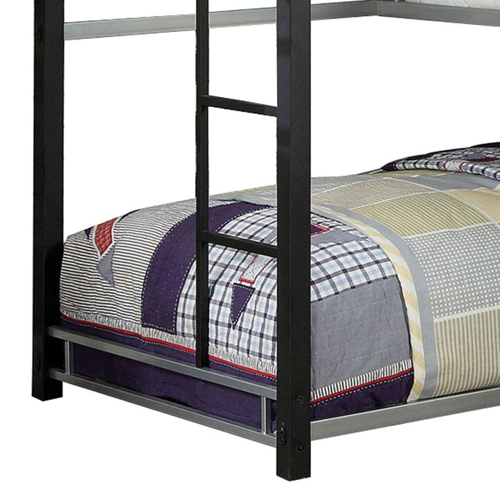 3 Tier Industrial Style Twin Bunk Bed with Corner Design, Black and Gray-Benzara