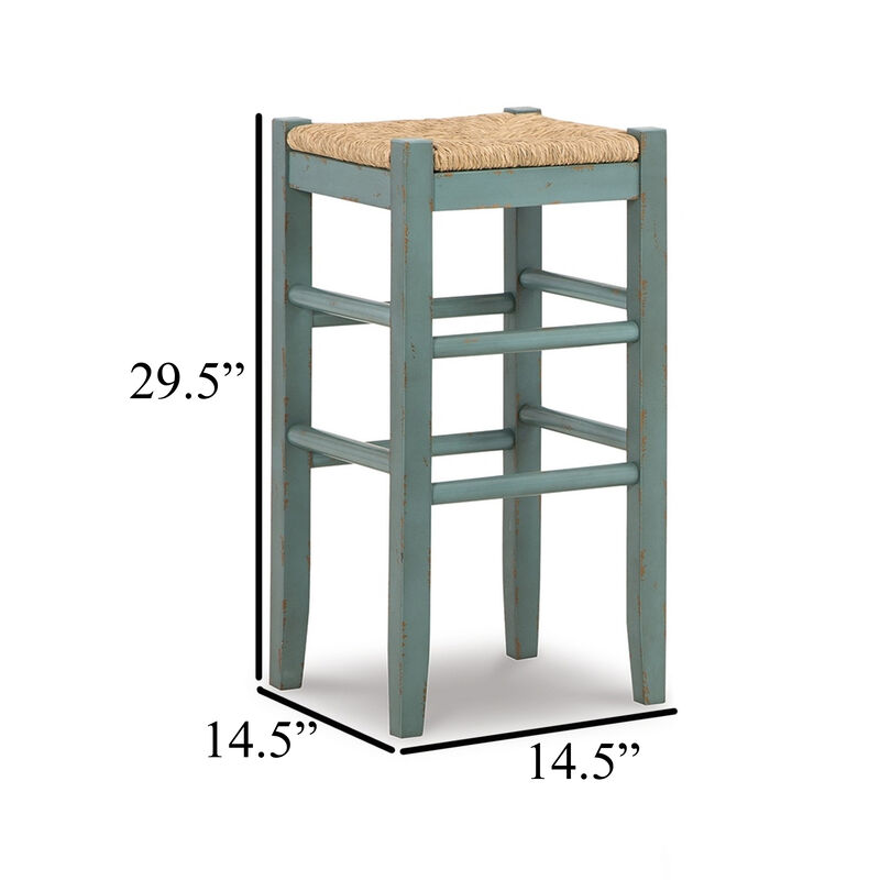 Anya Bar Height Stool Set of 2, Brown Woven Seat, 30 Inch Rustic Blue - Benzara