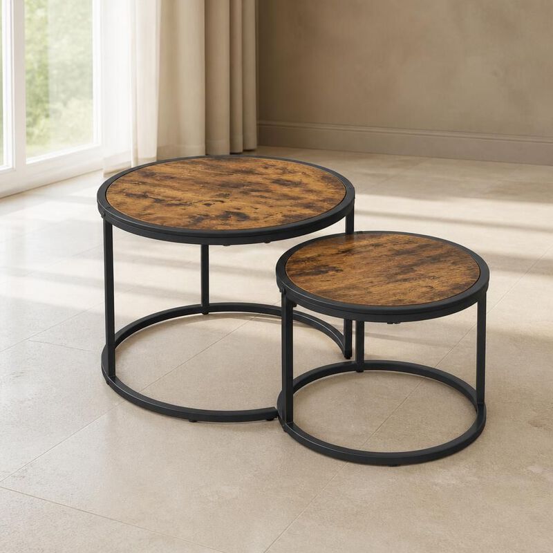 GOODSILO Round Nesting Coffee Table Set of 2, Space-Saving Stackable Side Tables with Marble Pattern Top and Sturdy Metal Frame for Living Room Bedroom Balcony image number 2
