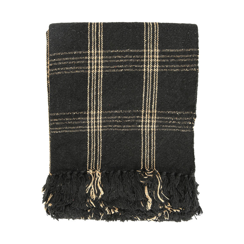 Soft Woven Reclaimed Cotton Blend Throw with Fringe, Black and Tan Plaid image number 0