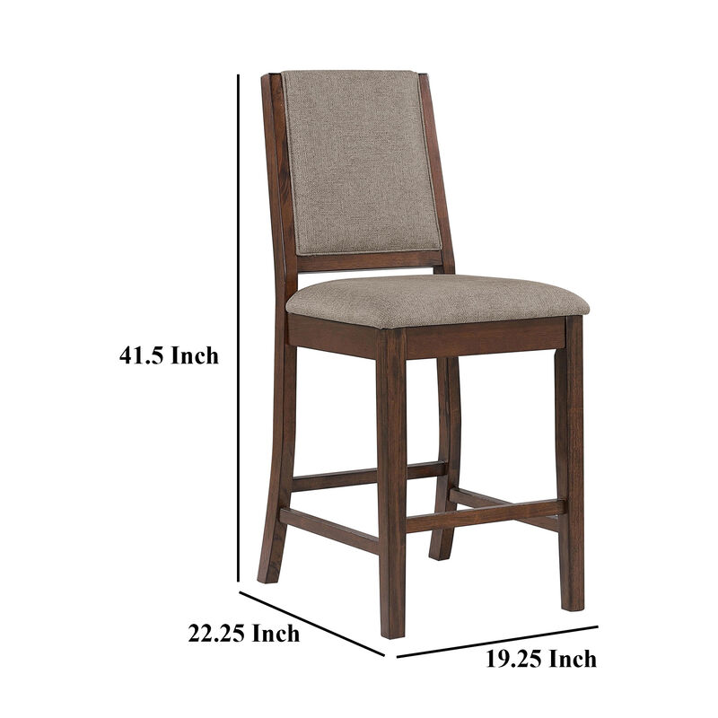 Patter Counter Height Chair Set of 2, Beige Fabric, Dark Brown 26 Inch - Benzara