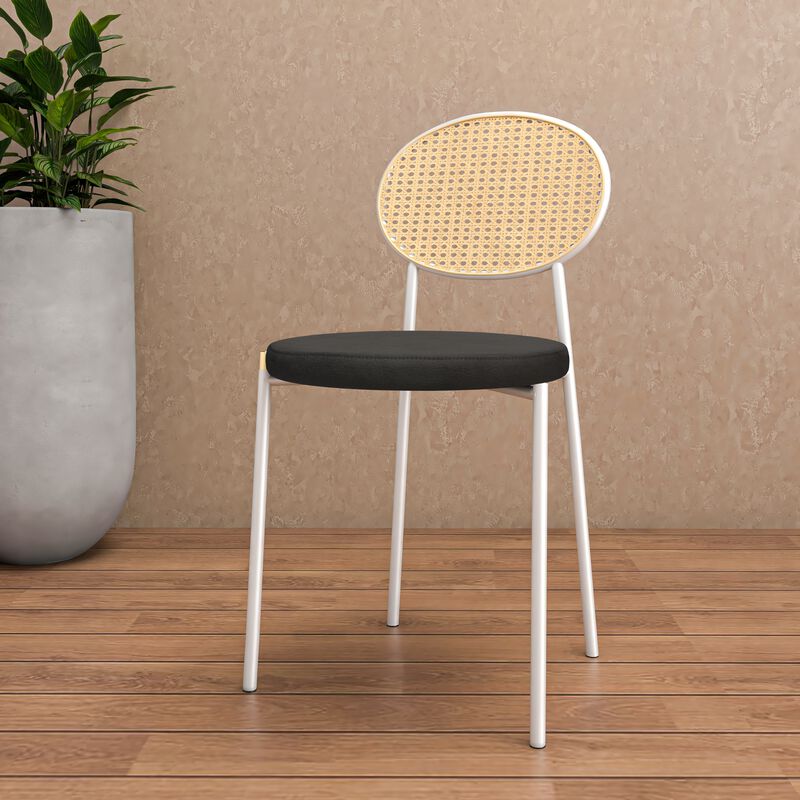 LeisureMod Leather Dining Chair Rattan Back Side Chair Comfortable Kitchen Chair with Stainless Steel Base Euston Collection