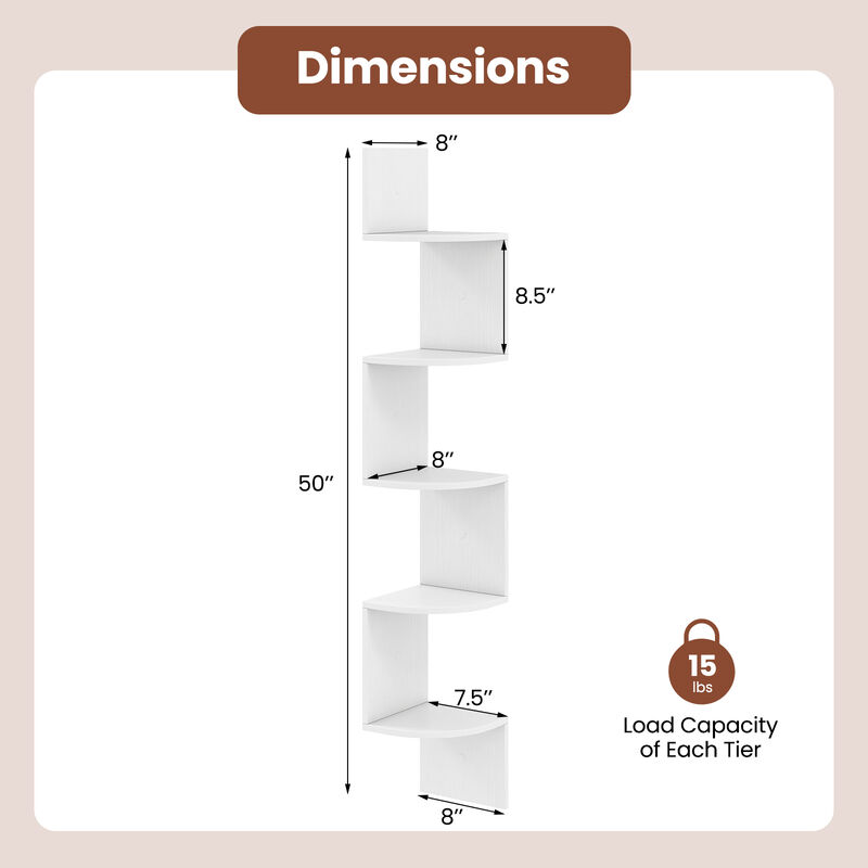 5-Tier Corner Wall Shelf, Floating Bookshelf and Storage Rack for Living Room or Office