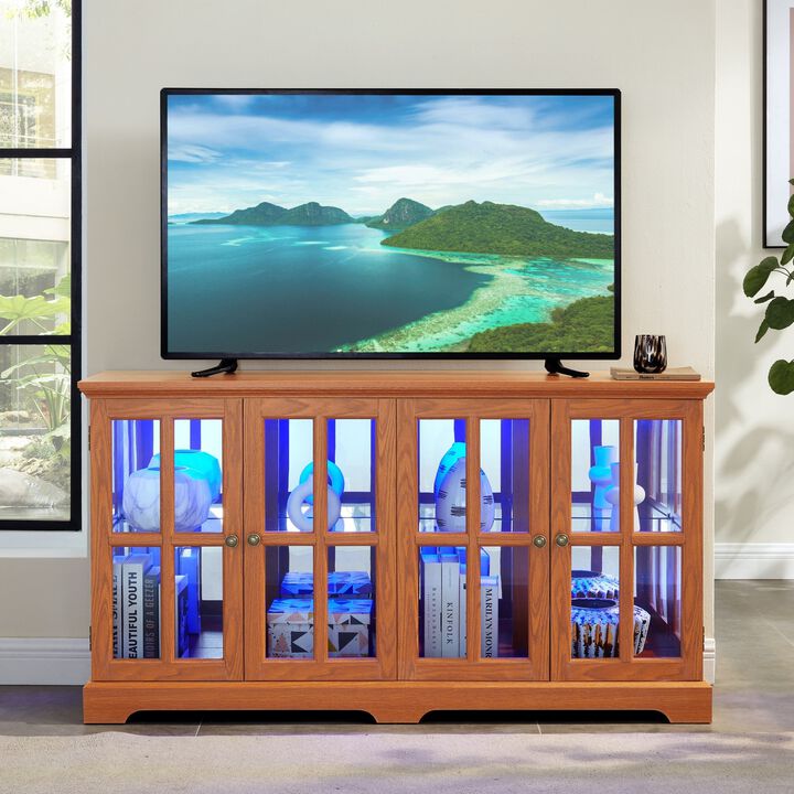 LED Curio Display Cabinet Antique Display Cabinet with Glass Doors Adjustable Shelves for Collectibles Four Door Design Vintage Showcase for Home