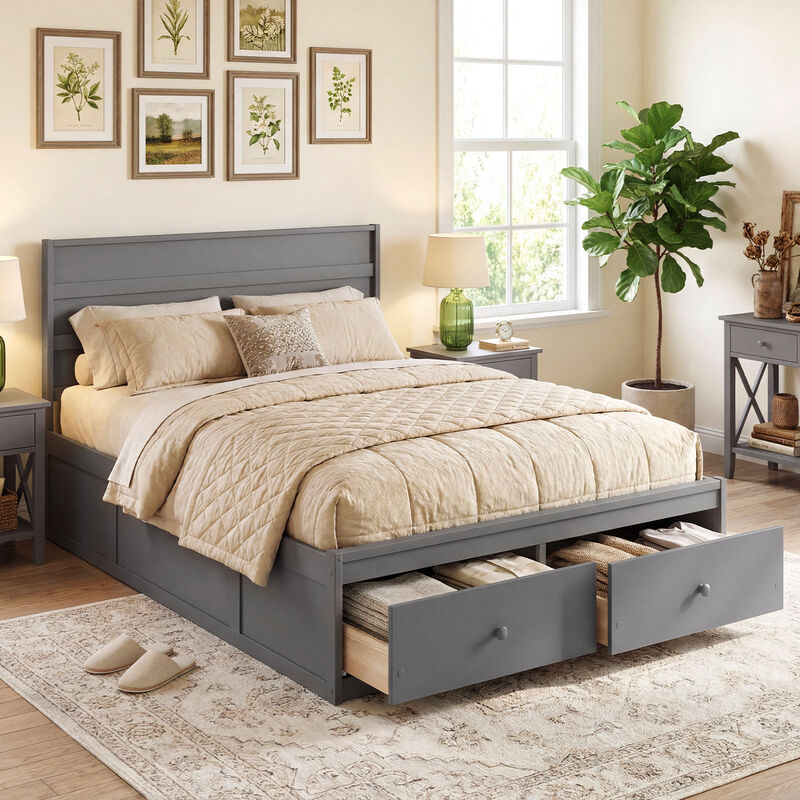 Full Wood Platform Bed Frame with Built-In Storage Drawers image number 1