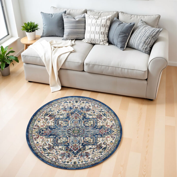 HomeRoots Floral Medallion Distressed Non Skid Round Rug
