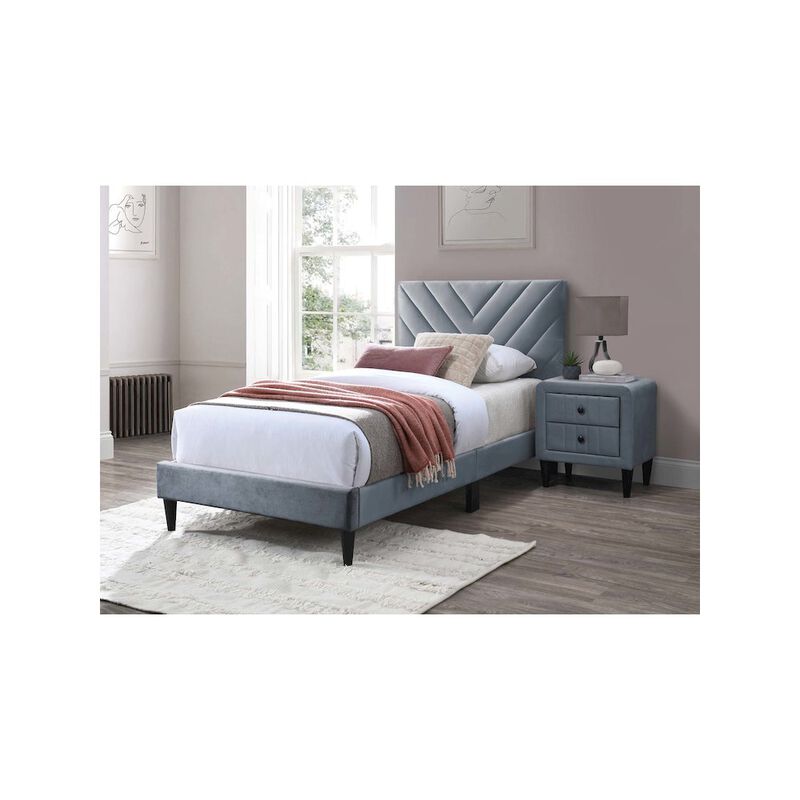Poundex Adjustable V-Stitch Headboard Twin Bed Frame in Gray Velvet
