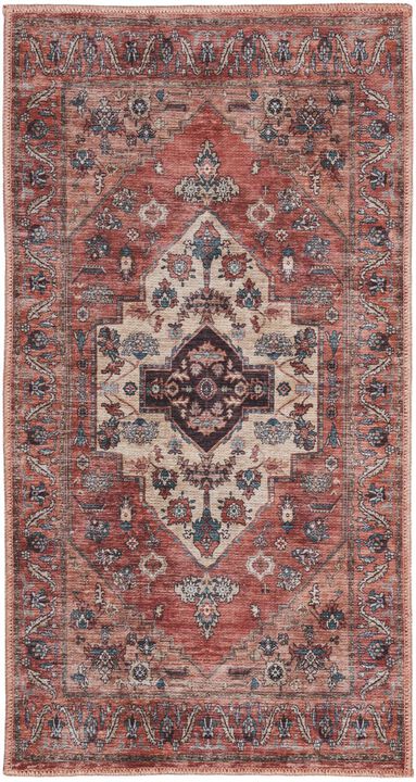 HomeRoots Medallion Power Loom Distressed Washable Non Skid Area Rug