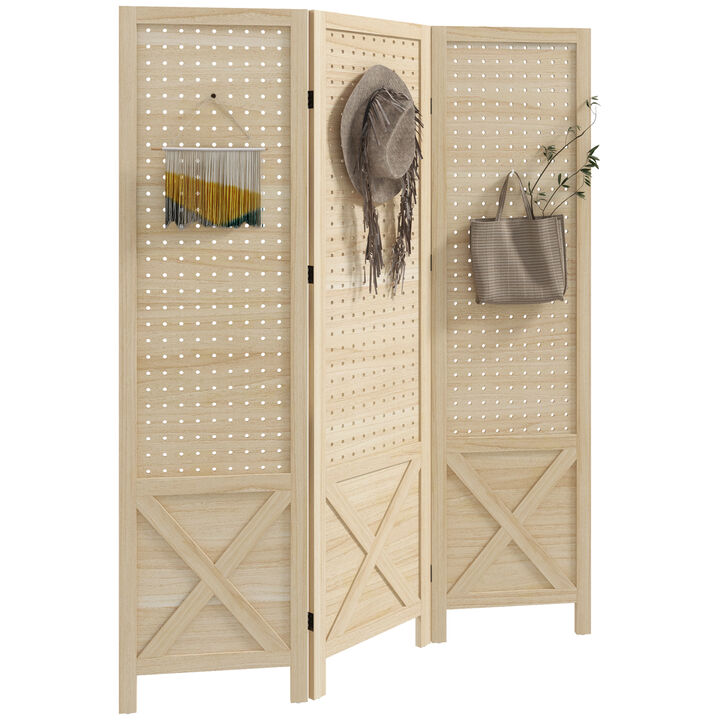 3 Panel Pegboard Display Room Divider, 4.7' Tall Wood Privacy Screen, Natural