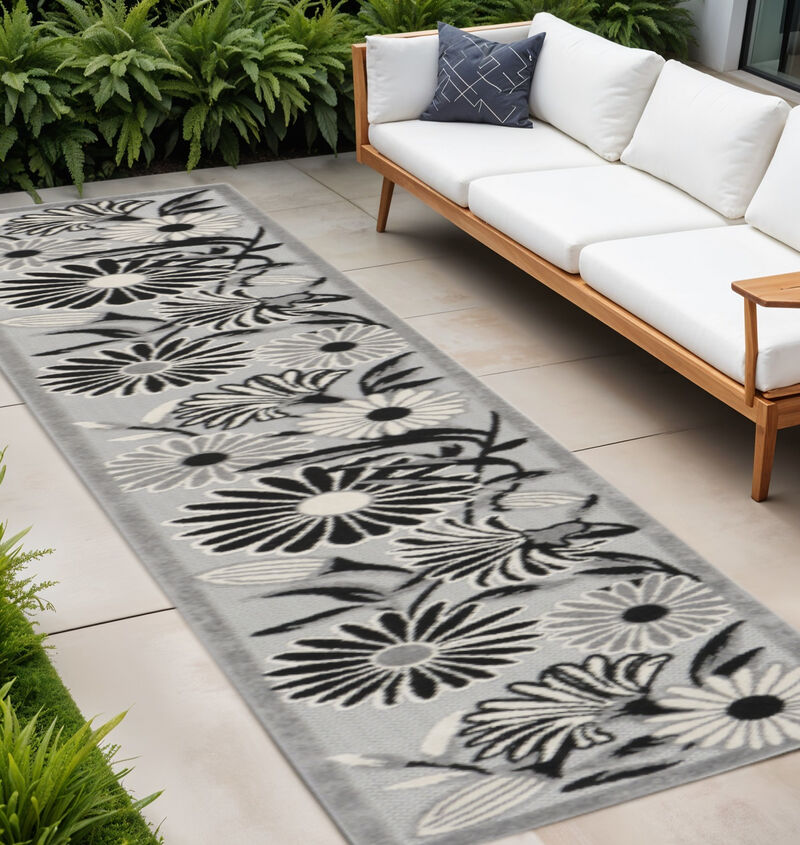 HomeRoots 12' Black And White Floral Indoor Outdoor Runner Rug image number 1