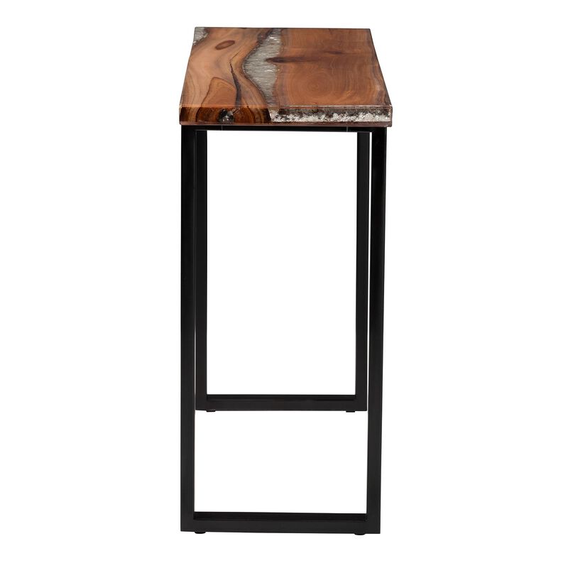 bali & pari Apio Wood Epoxy Resin Console Table with Glass Inlay - Rectangular Live Edge Teak Wood Accent Table with Black Metal Base, Modern Rustic Furniture for Living Room or Entryway image number 3