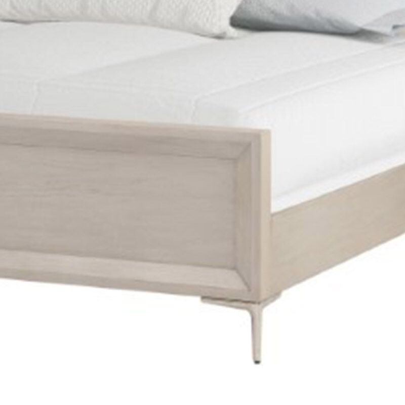 Kaira Queen Size Bed with Metal Accents, Natural Oak Solid Rubberwood - Benzara