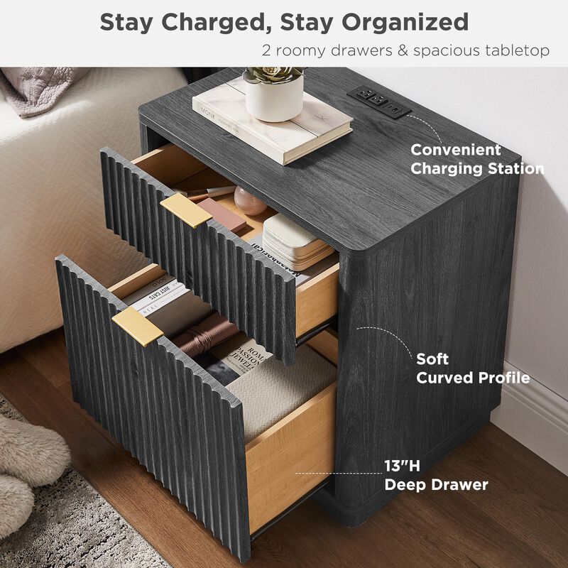 Fluted 2-Drawer Nightstand with Charging Station, Curved Modern Bedside Table image number 3