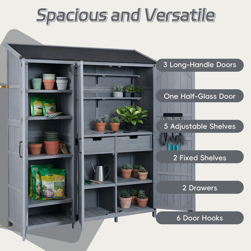Whisen 60.6" Rustic Fir Wood Garden Shed with 2 Drawers, 7 Shelves & Workstation, Outdoor Backyard Storage Cabinet image number 3
