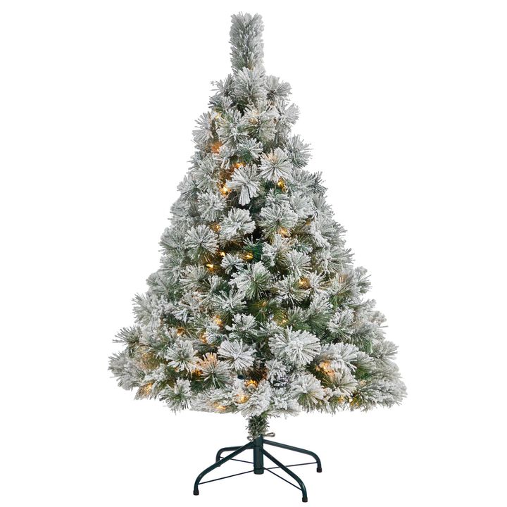 Nearly Natural 4-ft Flocked Oregon Pine Artificial Christmas Tree with 100 Clear Lights and 215 Bendable Branches