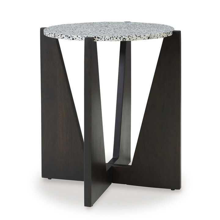 Accent Table, Round Terrazzo Tabletop, 25 Inch, Dark Brown Mango Wood
