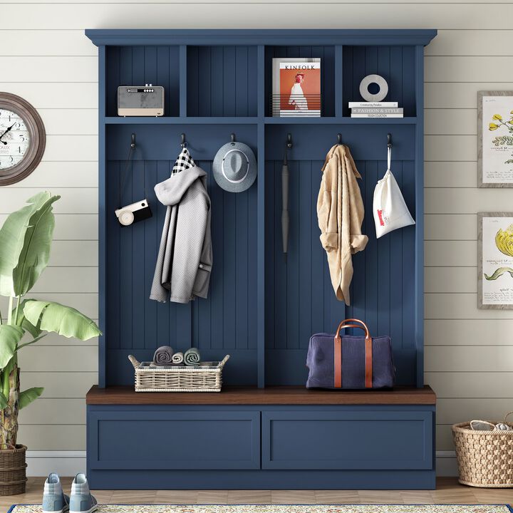Clihome Farmhouse 4-in-1 Hall Tree with Wood Grain Bench with 2 Large Drawer for Hallway