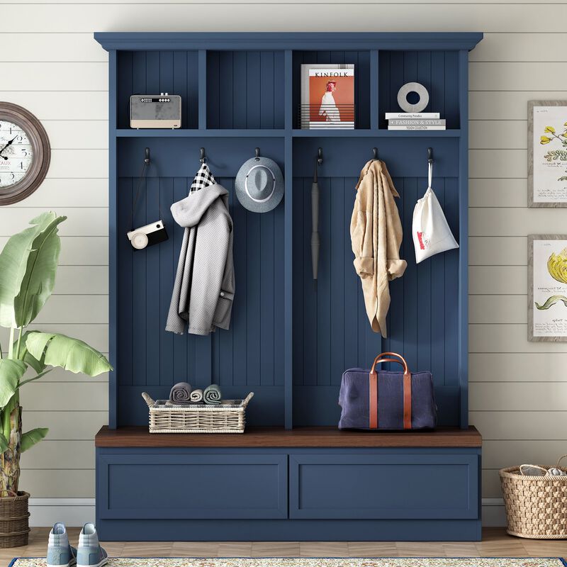 Clihome Farmhouse 4-in-1 Hall Tree with Wood Grain Bench with 2 Large Drawer for Hallway image number 1