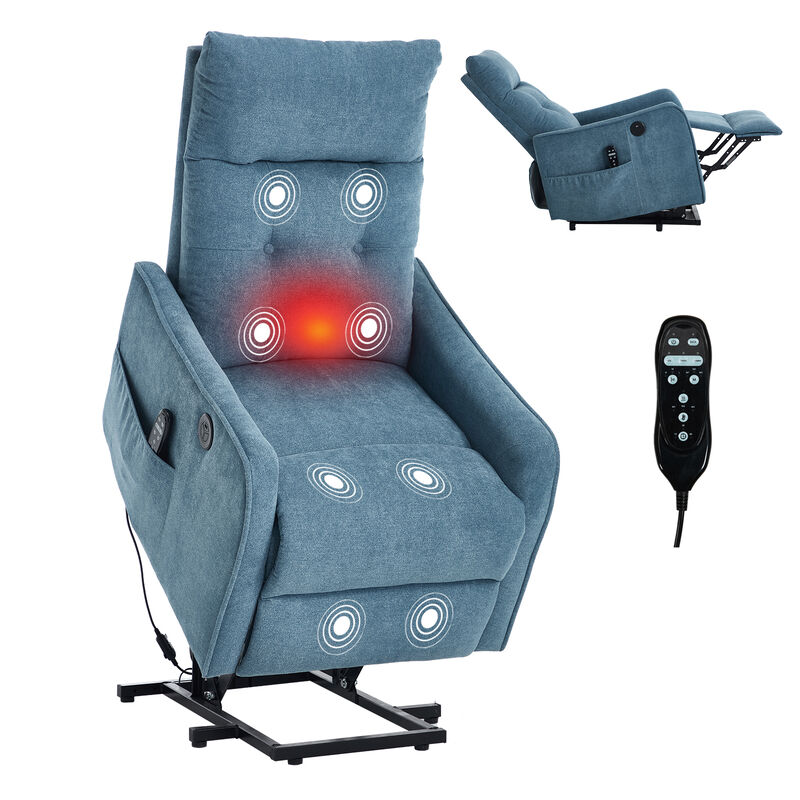 Chenille Single Motor Power Lift Recliner Chair with Heat Massage and USB Charging for Elderly