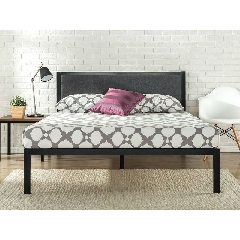 Hivvago King size Metal Platform Bed Frame with Wood Slats and Upholstered Headboard