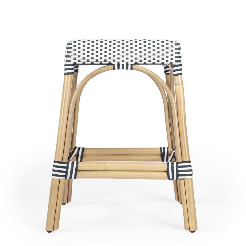 Butler Specialty Robias Rectangular Rattan 24.5 Counter Stool, White and Navy Stripe