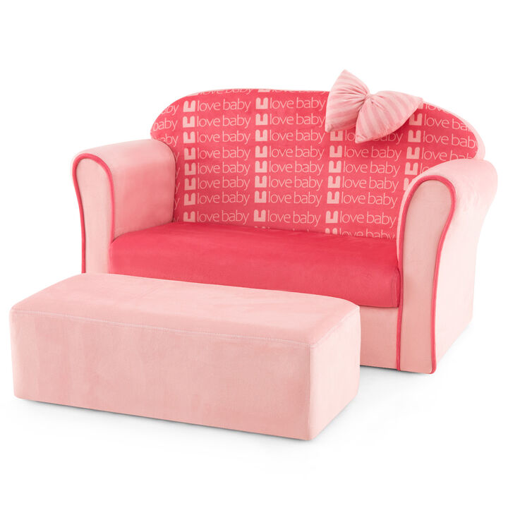 Ultra Soft Velvet Kids Sofa Chair Toddler Couch with Ottoman-Pink