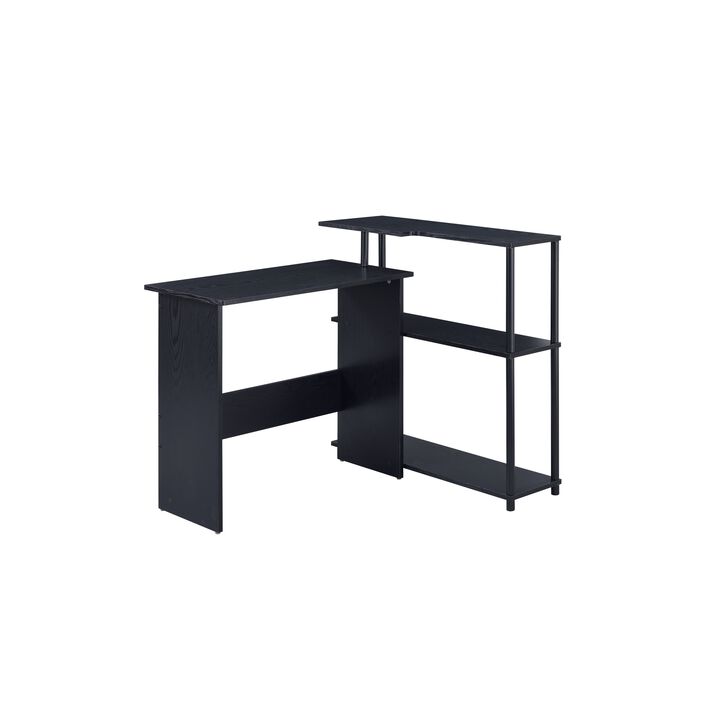 Writing Desk with L Shaped Design and 3 Tier Wooden Shelves, Black - Benzara