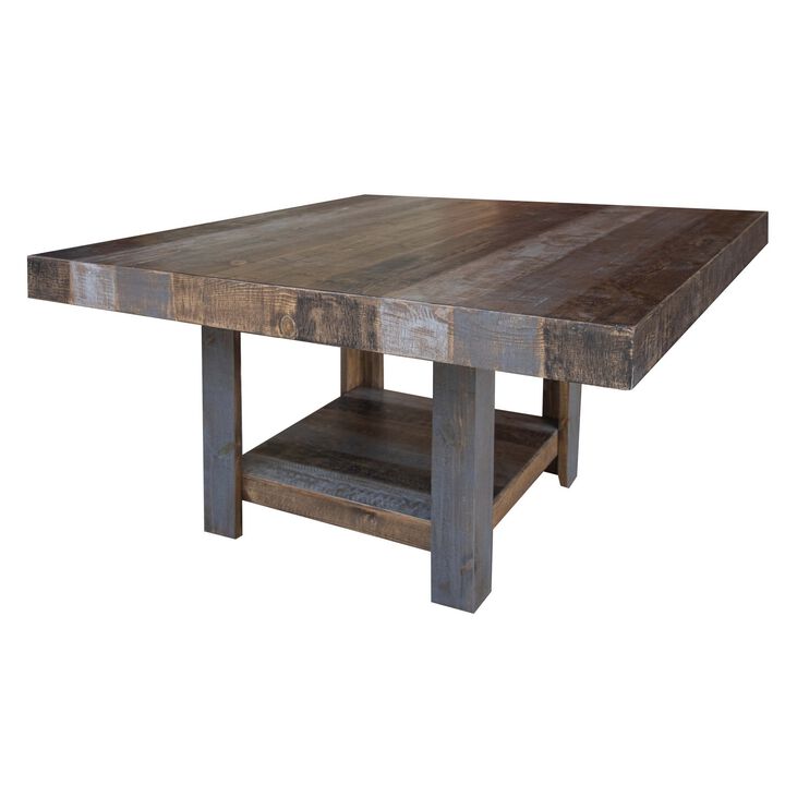 Linn 54 Inch Square Dining Table, Open Shelf, Gray, Rustic Brown Pine Wood