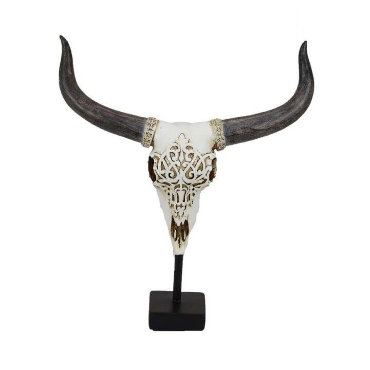 Animal Skull Tabletop Decor, Bone White and Black Resin, 16 Inch