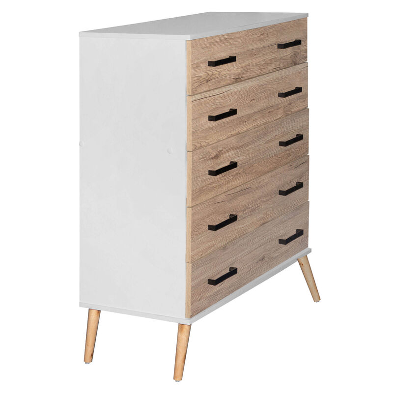 Better Home Products Eli Mid-Century Modern 5 Drawer Chest in White & Natural Oak