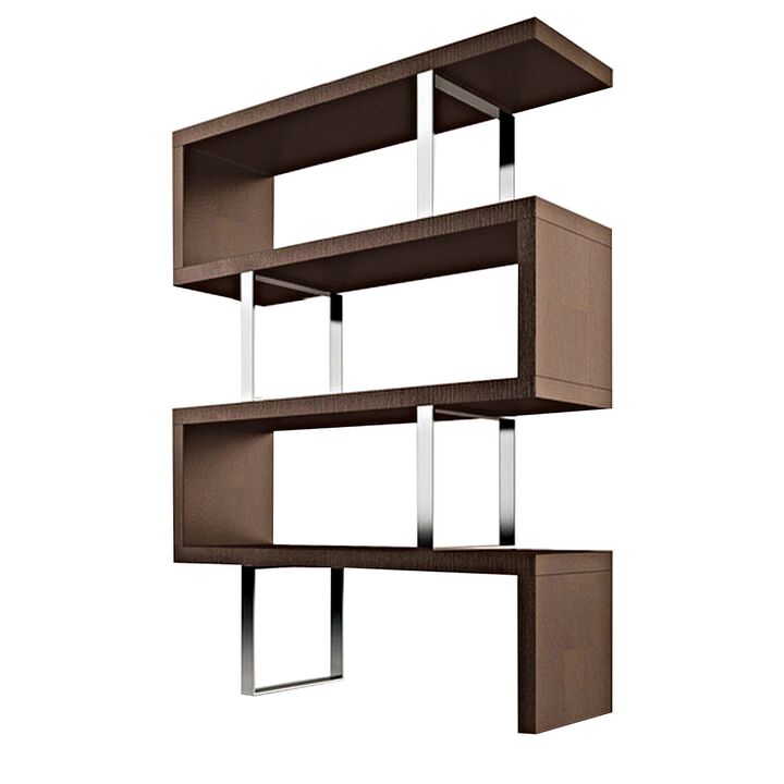 Gina 67 Inch Modern Bookshelf, 4 Tier Alternating S Shape, Brown and Chrome-Benzara
