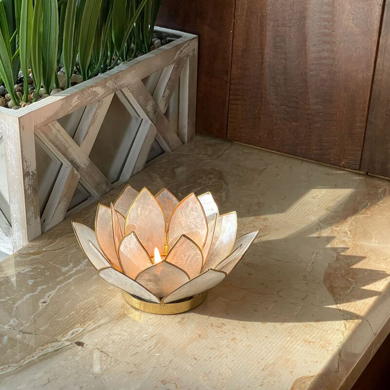 White Capiz Shell Lotus Flower Small Tealight Candle Holder image number 7