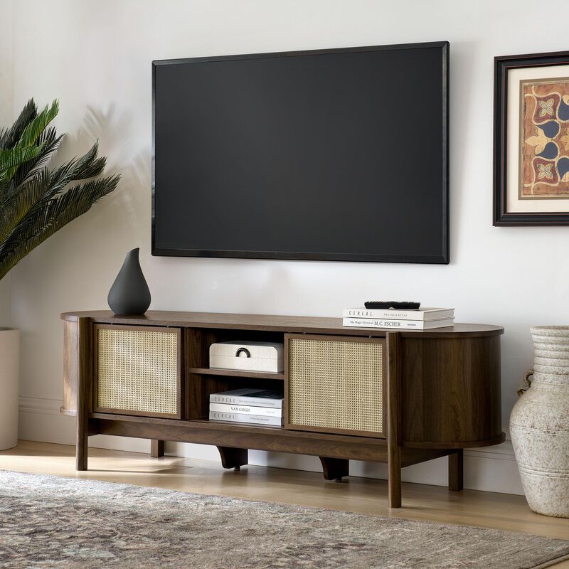 Modway Reid 61 Inch TV Stand in Walnut - Curved Oval Media Console with Rattan Sliding Doors and Open Shelves - Mid-Century Modern Entertainment Center for Flat Screen TVs up to 68&rdquo; image number 3